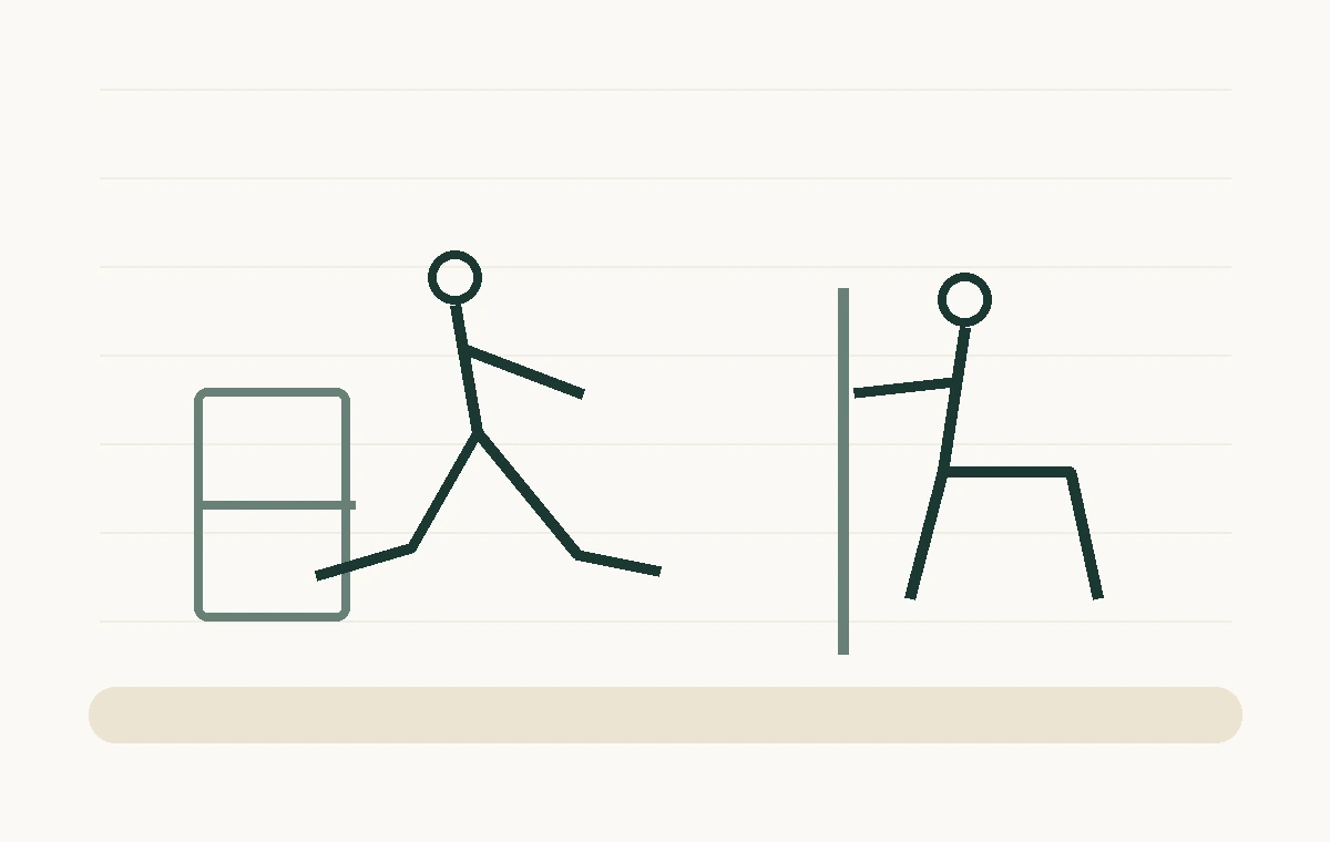 Line-art chair squat and wall sit setup for home lower-body exercises.