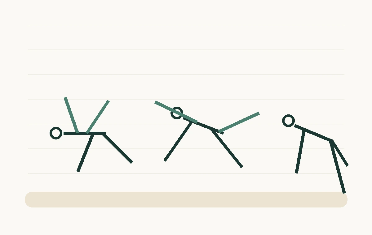 Line-art core control sequence with dead bug, bird dog, and plank positions.