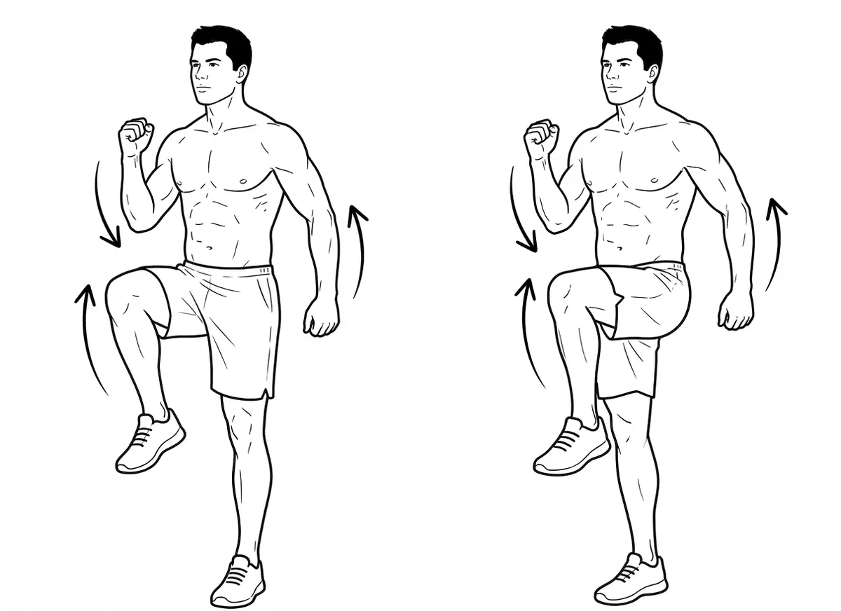 Illustration of a standing knee raise exercise.