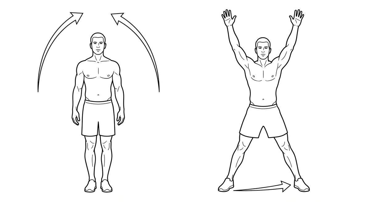 Illustration of a step jack exercise with side step and arm raise.